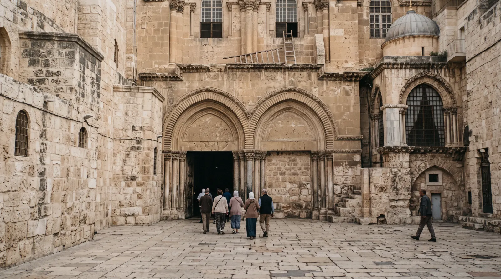 The stone forecourt and twin arched doorway of the Church of the Holy Sepulchre in Jerusalem at 07:30, church of the holy sepulchre