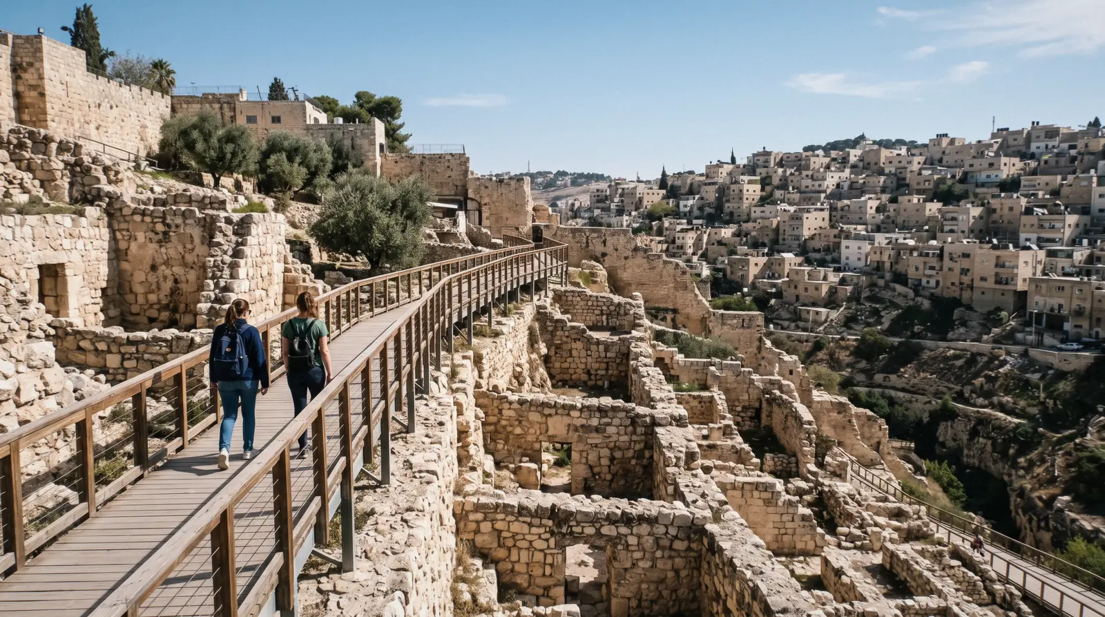 Excavated ancient stone walls and terraces on the slope of the City of David in Jerusalem at 10:30, city of david