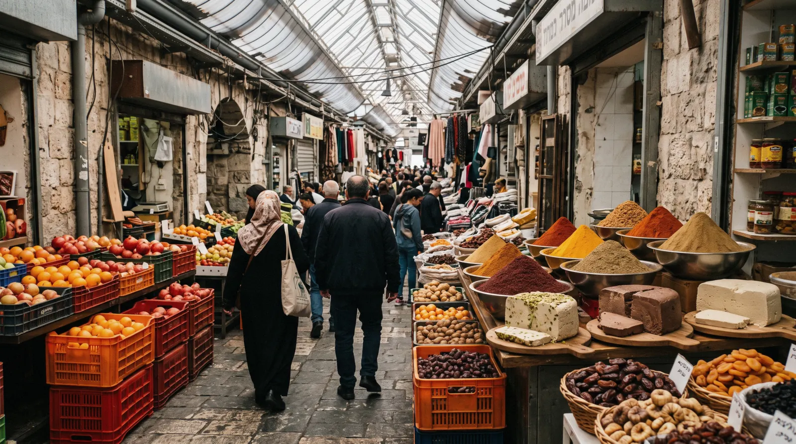 A covered alley in Mahane Yehuda market in Jerusalem at 11:00, mahane yehuda market