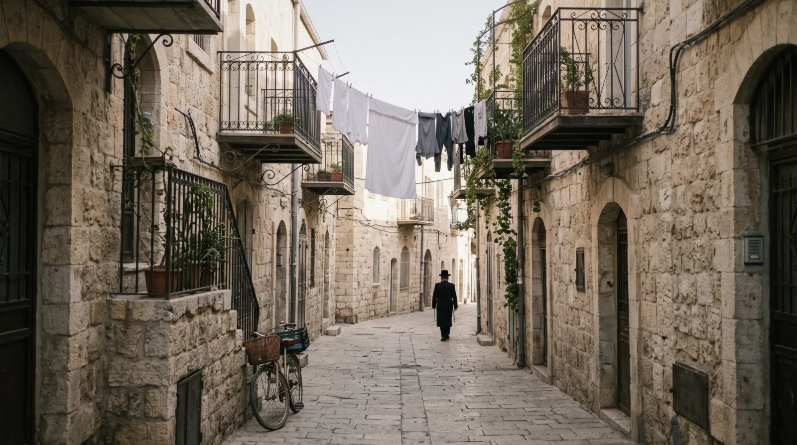 A quiet street of old stone houses with iron balconies in the Mea Shearim neighbourhood of Jerusalem at 09:30, mea shearim