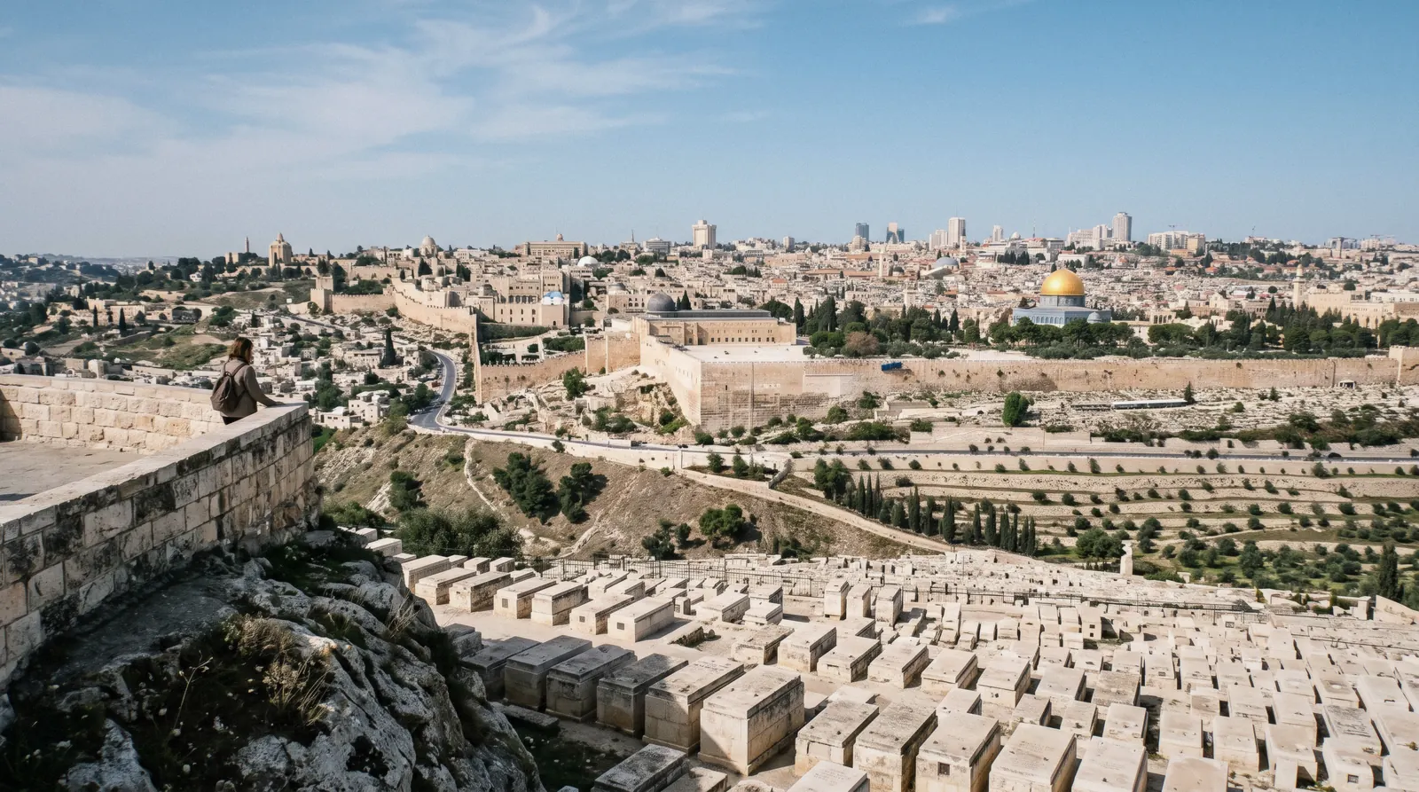 The Old City of Jerusalem seen from the lookout at the top of the Mount of Olives at 08:00, mount of olives