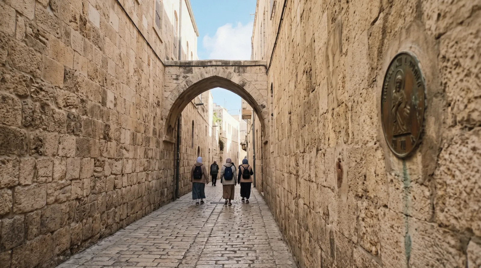 A stone lane of the Via Dolorosa in the Old City of Jerusalem at 08:00, via dolorosa